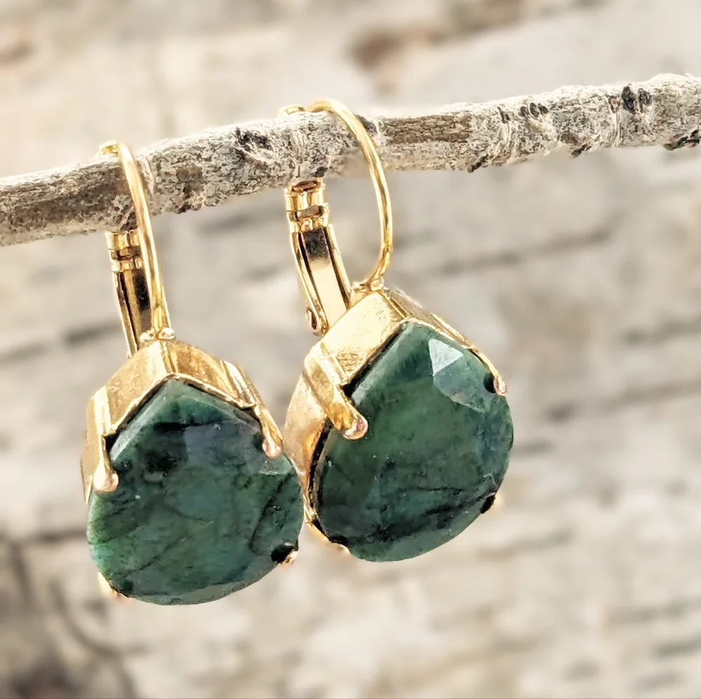 29.0 Total Carats Natural Emerald Rough Cut  In Drop 18k Gold Plated Earrings